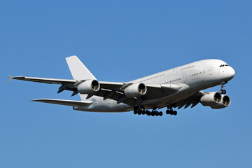 A large white double-decker passenger aircraft. - obrazy, fototapety, plakaty