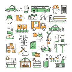 Vector thin line art ecological factory icon set