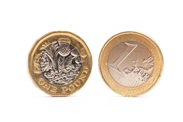 Euro coin and new pound coin isolated on white background