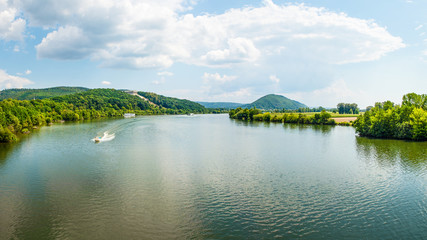 Panoramic landscape, Danube River and Walhalla memorial on the hill, tourism and famous places, Donaustauf, Germany, banner 16x9 format