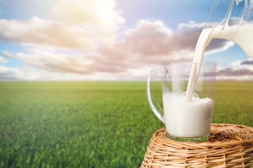 Glass jug of fresh milk on background