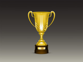 Vector 3d realistic cup, golden trophy for winner of competition, championship. Shiny gold metal goblet with name plate on dark stand. Reward, prize isolated on gray background. Achievement design