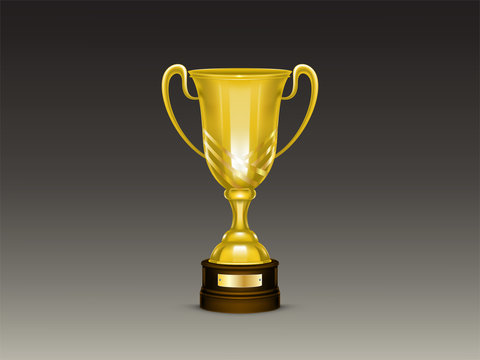 Vector 3d realistic cup, golden trophy for winner of competition, championship. Shiny gold metal goblet with name plate on dark stand. Reward, prize isolated on gray background. Achievement design
