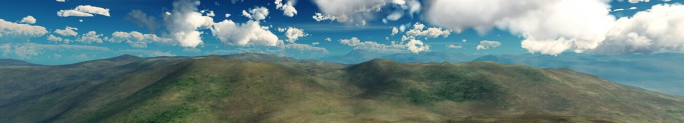 Fototapeta na wymiar Panorama of the hills under the sky with clouds. Hills and sky. 3D rendering 