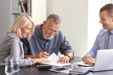 Mature couple signing document in estate agent's in office