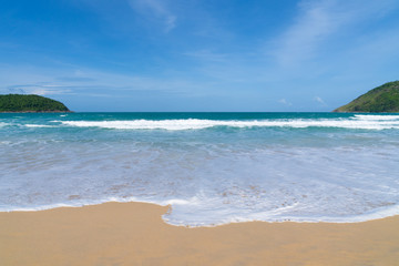 Sea view from tropical beach with sunny sky. Summer paradise beach of Bali island. Tropical shore. Tropical sea in Bali. Exotic summer beach with clouds on horizon. Ocean beach relax, Outdoor travel