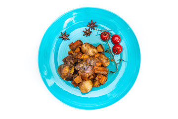 Beef meat stewed with potatoes-Traditional French cuisine Beef Bourguignon potatoes carrots in persillade