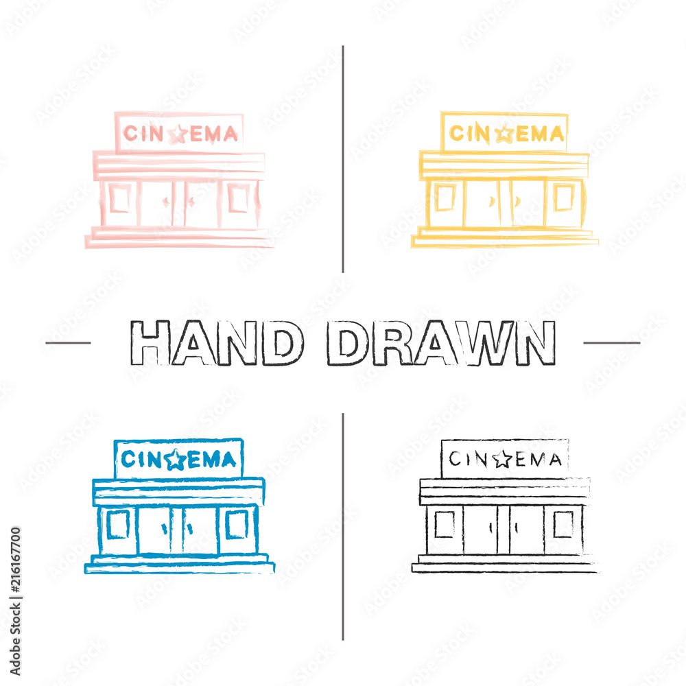 Wall mural Cinema building hand drawn icons set