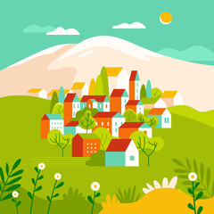 Fototapeta na wymiar Vector illustration in simple minimal geometric flat style - landscape with buildings, hills and trees