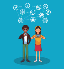 Young man and woman using smartphone and social networks symbols vector illustration graphic design