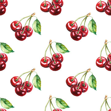 Seamless pattern. Hand drawn cherry. Watercolor illustration on white background.