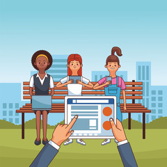 People seated on park chair and checking social networks vector illustration graphic design