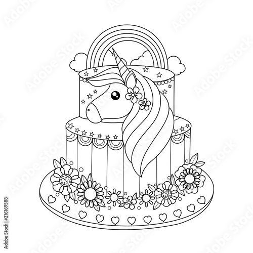 "Unicorn cake coloring book for adult. Vector illustration. Handdrawn