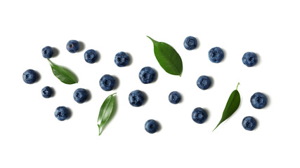 Ripe blueberries on white background, top view
