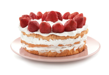 Delicious cake with strawberries on white background