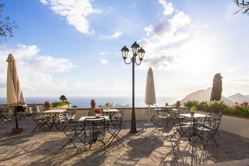 Restaurant with panorama view, Corfu, Greece - obrazy, fototapety, plakaty