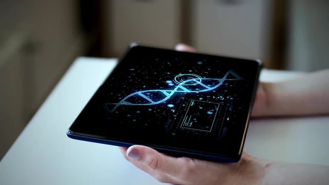 technology, science and genetics concept - hands with virtual 3d dna molecule on tablet pc computer screen