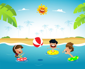Obraz na płótnie Canvas Fun cartoon kids playing ball at the sea.