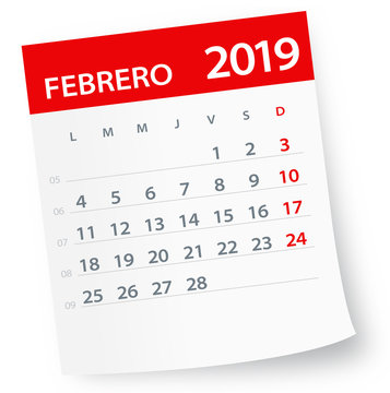 February 2019 Calendar Leaf - Vector Illustration. Spanish version
