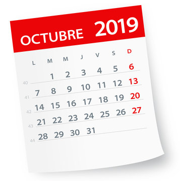 October 2019 Calendar Leaf - Vector Illustration. Spanish version