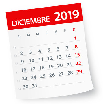 December 2019 Calendar Leaf - Vector Illustration. Spanish version