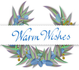 Fototapeta na wymiar White warm wishes card with eucalyptus leaves and blossom.