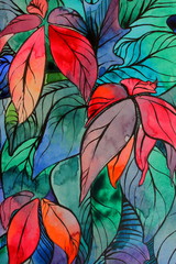 Watercolor textured background illustration with leaf design in red, green, and blue