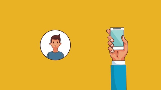 Hand holding smartphone and people in round icon High definition colorful animation scenes
