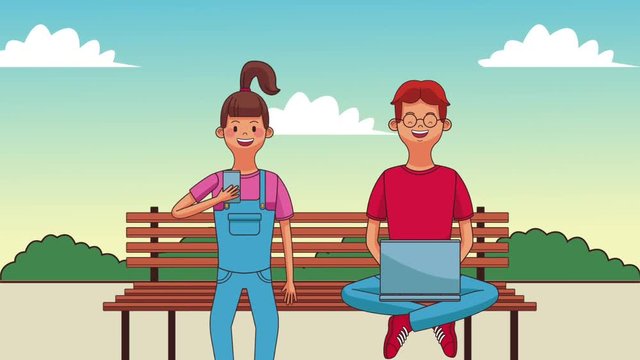 Boy and girl seated on park chair using laptop and smartphone High definition colorful animation scenes