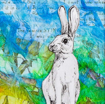 White rabbit drawing on colourful blue green background. Original artwork mixed media collage.