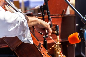 Detail of bass musical instrument. Artistic performances at folk festivals. Cellist musician group perform music in the street, close up man playing violin.