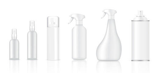 Mock up Realistic Glass or Plastic Spray Packaging Product For Glass Cleaner or Toiletries Bottle Set isolated on White Background.