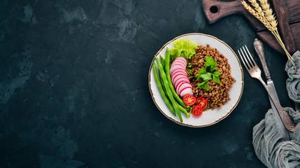 Lentil with radish, cherry tomatoes, beans and vegetables. Healthy food. On the stone table. Top view. Free space for text.