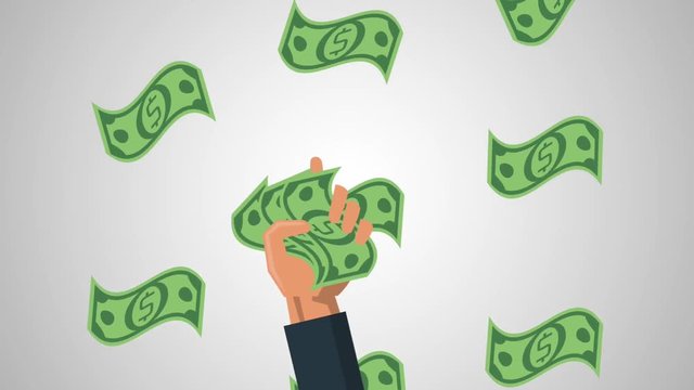Hand holding billets over cash falling background high definition colorful animation scenes
