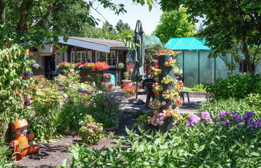 Obraz premium Garden shed and green house surrounded by a beautiful decorative garden