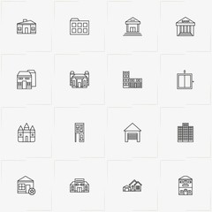 Buildings line icon set with castle, bank and building
