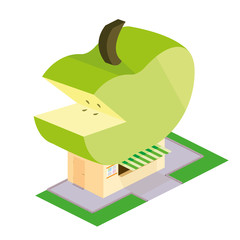 Boutique shop with a roof of an incised green apple