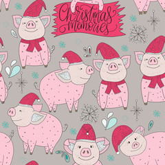 Christmas vector seamless pattern with detailed holiday illustrations with cute pigs and lettering - Christmas memories.