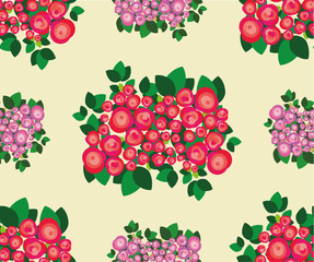 Pattern of bouquets of red with juicy green leaves and tender forms