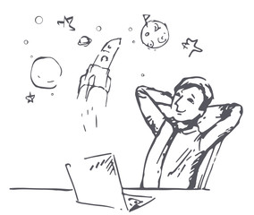 The boy dreams of the cosmos.