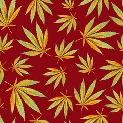 red texture for design textile. yellow leaves cannabis Marijuana. Seamless modern Pattern