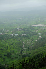 Fototapeta premium Lush green monsoon nature landscape mountains, hills, Purandar, Maharashtra, India 