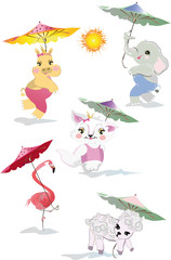  Vector set with cute funny animals in cartoon style. Giraffe, elephant, hippo, lamb, cat, flamingo etc with umbrellas. 