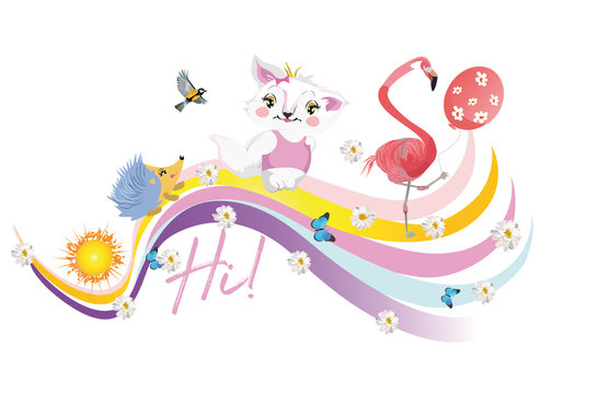  Vector  funny animals in cartoon style on the rainbow. Hedgehog, cat, flamingo with birthday balls.