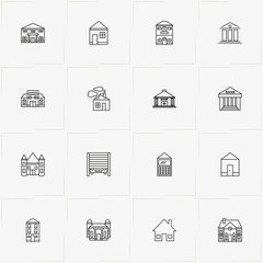 Buildings line icon set with building, house and castle