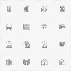 Fototapeta premium Buildings line icon set with house, building and theater