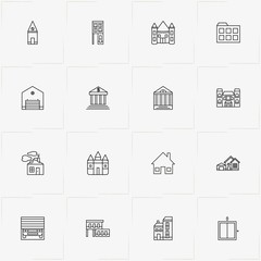 Buildings line icon set with garage, lift and farm