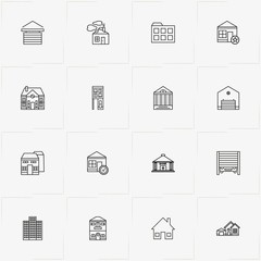 Buildings line icon set with theater, house and bank