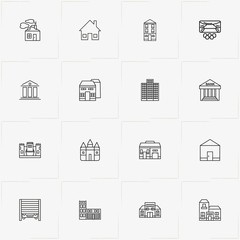 Buildings line icon set with building, house and garage