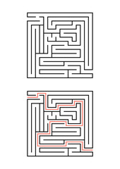 A square maze for children. Simple flat vector illustration isolated on white background. With the answer.